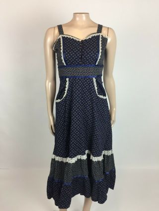 Vintage 70s The Attic Womens Dress Prairie Blue Floral Cotton Gunne Sax Style H1