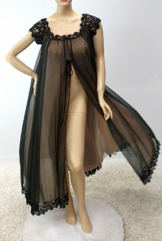 Lucie Ann Double Chiffon Nylon Peignoir Dressing Gown Black Beige Lace M