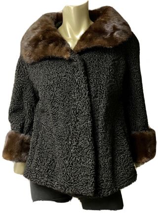 Vintage Oleg Cassini Black Persian Lamb Cropped Jacket Mink Fur Collar Cuffs M
