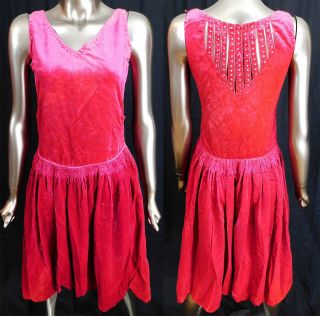 Vintage Art Deco Magenta Pink Velvet Rhinestone Beaded Back Straps Flapper Dress