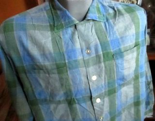 Large True Vtg 60s Donegal Rayon Buttery Loop Button Camp Plaid Green/blue Shirt