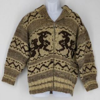 Vintage 60s 70s Cowichan Indian Hand Knit Wool Zip Cardigan Sweater Unisex Large