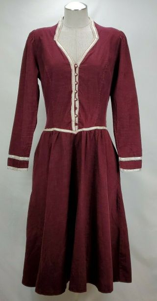 Vintage 70s Gunne Sax Dress Size 11 Midi Corduroy Prairie Lace Burgundy Red Boho