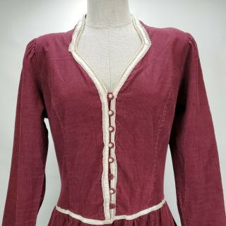 Vintage 70s Gunne Sax Dress Size 11 Midi Corduroy Prairie Lace Burgundy Red Boho 2