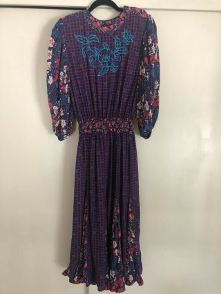 Vtg Diane Freis Georgette Hong Kong Stunning Embroidery Dress W/elastic Waist