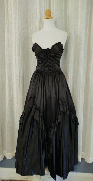 Vintage Gunne Sax Dress Jessica Mcclintock Black Liquid Silk Corset Full Skirt 7