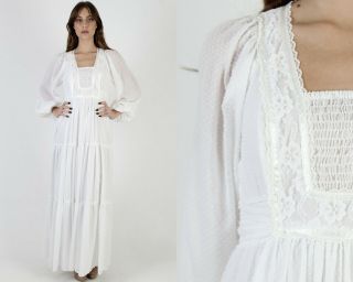 Vtg 70s White Swiss Dot Dress Floral Lace Smocked Country Prairie Wedding Maxi