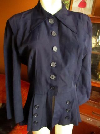 Medium Vtg 40s 50s Rayon/wool Slinky Navy Blue Goth Buttoned Blouse