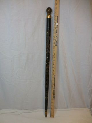 Antique Walking Stick Pool Cue " Gadget Cane " W/ Carving & Inlay.  Brass Fittings
