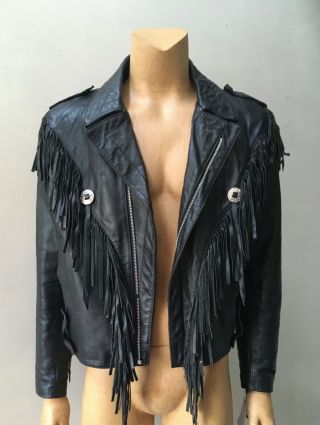 Men’s Motorcycle Fringe Vintage 80s Black Leather Biker Jacket Coat Size L