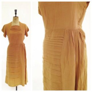 Vintage Deco 1920s 1930s 1940s 1950s Mustard Pin Tuck Evening Dress