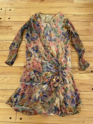 Vintage Antique 20s Drop Waist Flapper Embroidered Dress Rhinestone Floral Chiff