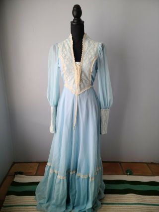 Vtg Rare 1970s Gunne Sax Black Label Cinderella Blue White Lace Trim Maxi Dress