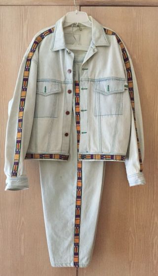 Unique Vintage Mud Cloth Trim 90’s Cross Colours Denim Jacket S/m & Jeans 28w