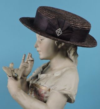 Antique Victorian 19th C Child’s Straw Hat W Fan Pleated Silk Trims