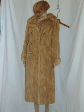 Full Length Fur Coat Light Brown - Blond Textured Vintage Mink.  Hat M/ Lg