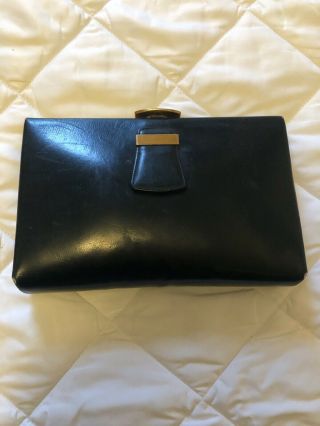 Pre - Owned Evans Vintage Handbag Purse Art Deco Black Leather Brass Frame Clutch