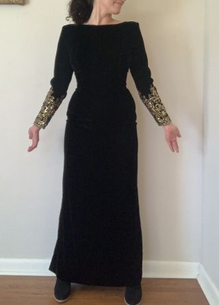 Vintage Victor Costa Black Velvet Evening Gowns With Gold Embroidery M