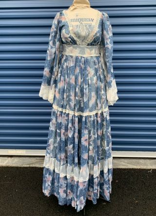 Vintage Gunne Sax Jessica Prarie Dress 1970’s Boho Blue Laced Winged Sleeve Sz 7