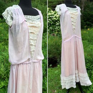 Antique 1910s 1920s Lilac Cotton Day Dress Flapper Lace Edwardian Garden Party