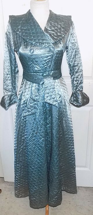 Vintage 40s 50s Slate Blue Quilted Long Robe Saybury Franklin Simon B38