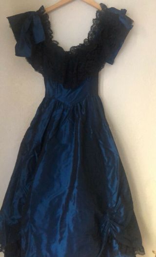 Vtg 1980s Gunne Sax Princess Style Blue Frilly Lace Dress Boho Size Xs/ 5