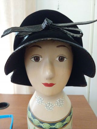 Vintage Christian Dior Black Velvet Hat With Patent Leather Band