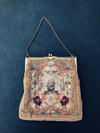 Antique 20s Small French Petit Point Needlepoint Floral Brass Frame Purse Bag