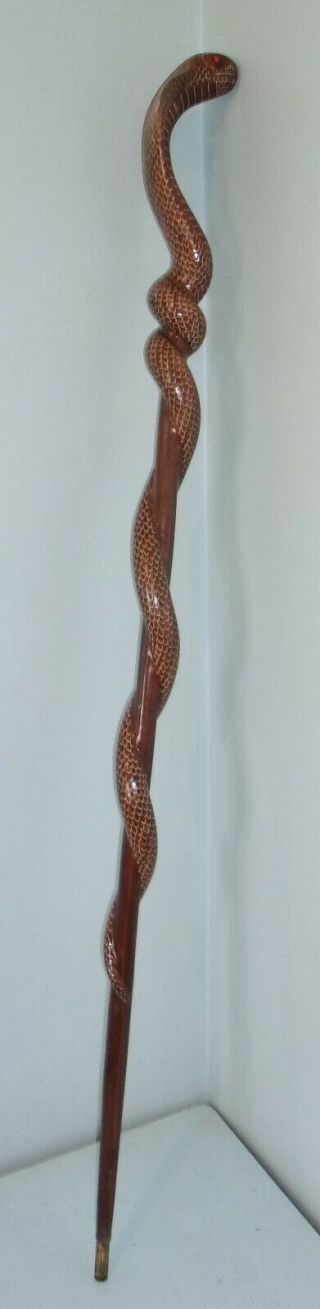 Vintage Carved Wood Cobra Snake Walking Stick Cane Red Rhinestone Eyes