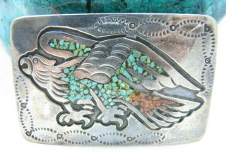 Vintage Navajo Turquoise & Coral Inlay Eagle Bird Sterling Silver Belt Buckle