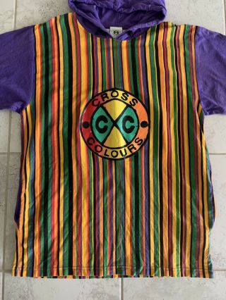 Rare Vintage 90’s Cross Colours Colorful Hoodie Short Sleeve And Pockets Sz M - L 2