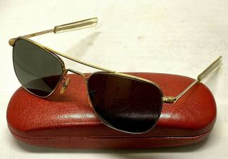 Vintage American Optical 5 1/2 Gold Metal Glass Lens Aviator Pilot Sunglasses