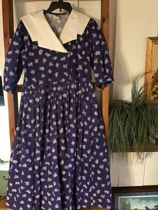 Vintage Deadstock Laura Ashley Ireland Blue Tea Dress Floral Sz 12