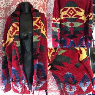 Vtg Aztec Shetland Wool Sweater Native Southwest Cardigan M Shawl Neck 90’s 52”b