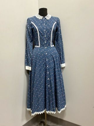 Gunne Sax Jessica Mcclintock Blue Floral Calico Prairie Midi Dress Xs/s Vintage