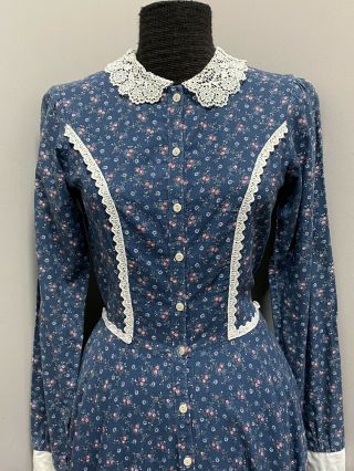 Gunne Sax Jessica McClintock Blue Floral Calico Prairie Midi Dress XS/S Vintage 2