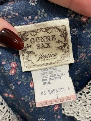 Gunne Sax Jessica McClintock Blue Floral Calico Prairie Midi Dress XS/S Vintage 3