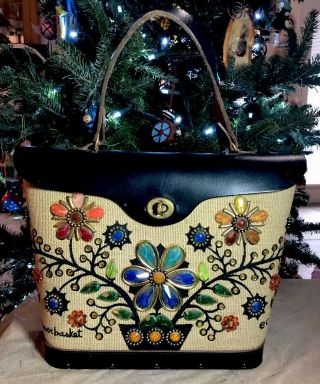 Enid Collins Of Texas Flower Basket Jewel Canvas Wood Handbag Rare 60’s Black