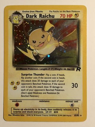 2000 Pokemon Cards 26 Dark Raichu 83/82 Star Holograph