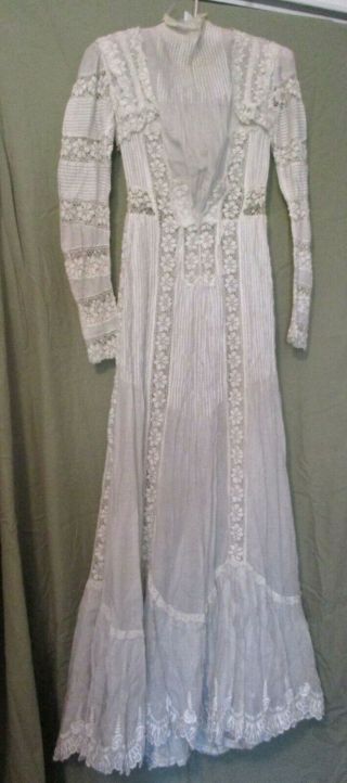 Antique Edwardian Tea Dress Wedding Gown Sheer White Lace Pigeonbreast High Neck