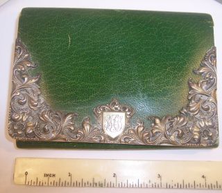 Rare Antique Shreve & Co Sterling Silver & Green Leather Wallet Change Purse Xc