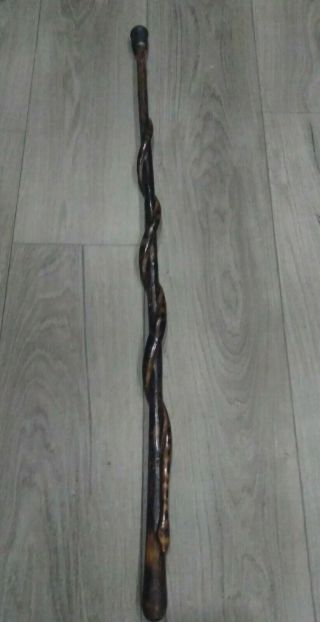 Vintage Hand Carved Wooden Folk Art Walking Stick Cane Snake Serpent Intwined