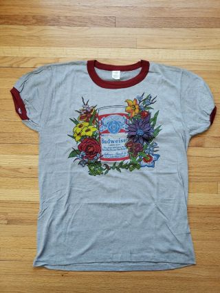 Nos Vtg 70s Deadstock Gray Budweiser Floral Single Stitch Ringer Tee Shirt Sz Xl