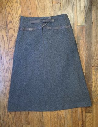 Vintage Hermes Paris Made In France Gray Wool And Kid Leather Belt Skirt