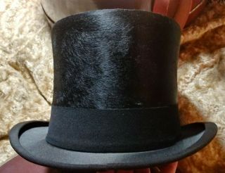 Mallory Hats Box W/ Antique Black Beaver Silk Top Hat Size 7 5/8 Steampunk Tux