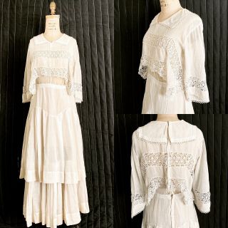 Antique Edwardian White Cotton Day Dress 1900 - 1914 / Vintage / Tea Dress