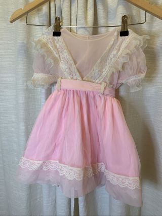 Vintage Baby Girl Pink Sheer Chiffon Nylon Lace Ruffle Dress Frilly Size 4