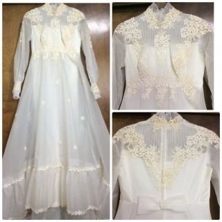 Vintage 70s Wedding Gown Xs? Small? White Organza High Neck Floral Applique Boho