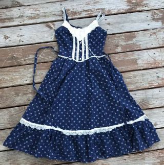 Vtg 70’s Gunne Sax Blue Floral &lace Trim Prairie Dress Size 11 Tie Waist