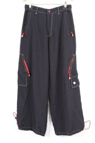 Vintage Kikwear Huge Nylon Raver Goth Cargo Pocket Pants Mens Size 36 Jnco Rave